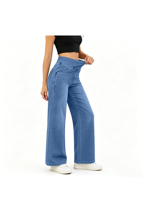 Women's High Waisted Wide Leg Jeans Pull-On Elastic Waist Denim Pants with Classic Pockets Casual Stretch Trousers for All-Season Wear(Blue,S)