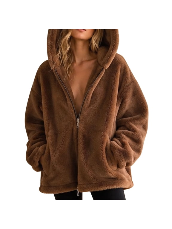 Women's Hooded Fleece Jacket with Bear Ear Detail Full Zip Up Warm Plush Outerwear with Pockets Cozy Casual Coat for Fall Winter Daily Wear.