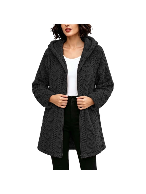 Women's Hooded Fuzzy Cardigan Longline Fleece Jacket Full Zip Winter Warm Outerwear with Cable Knit Pattern Casual Cozy Coat for Cold Weather Daily Wear