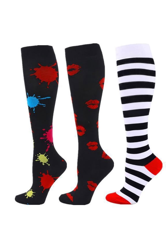 Women's Knee High Support Socks 3 Pack Paint Splatter Lip Print Striped Pattern Stretchy Tube Socks for Running Walking Daily Casual Wear