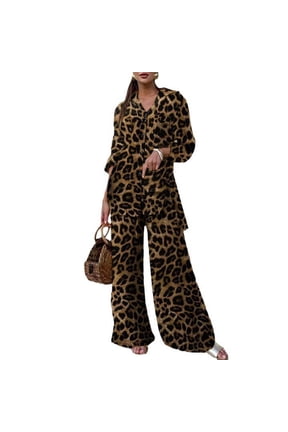 Women's Leopard Print Button Down Shirt and Wide Leg Pants Set Long Sleeve Collared Blouse with Side Pockets Casual Two Piece Outfit