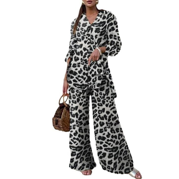 Floleo Women's Leopard Print Button Down Shirt and Wide Leg Pants Set Long Sleeve Collared Blouse with Side Pockets Casual Two Piece Outfit