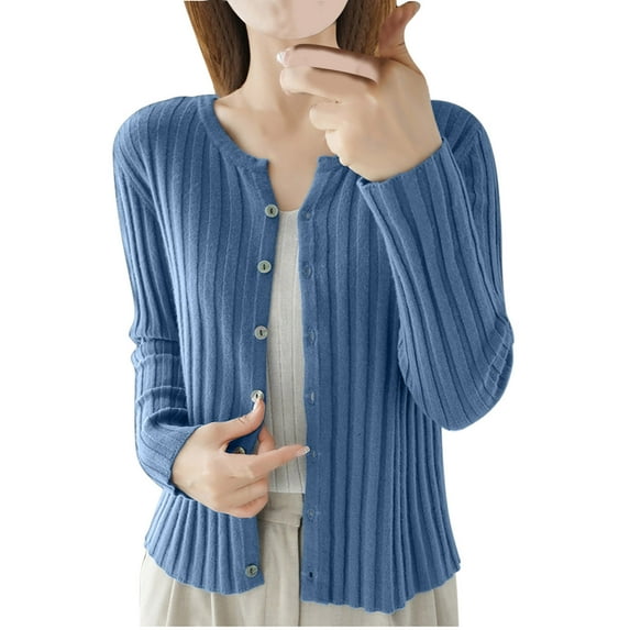 Floleo Women's Lightweight Round Neck Top Sweater with Buttons Fall Winter Long Sleeve Solid Color Tops for Ladies(Blue#1,L)
