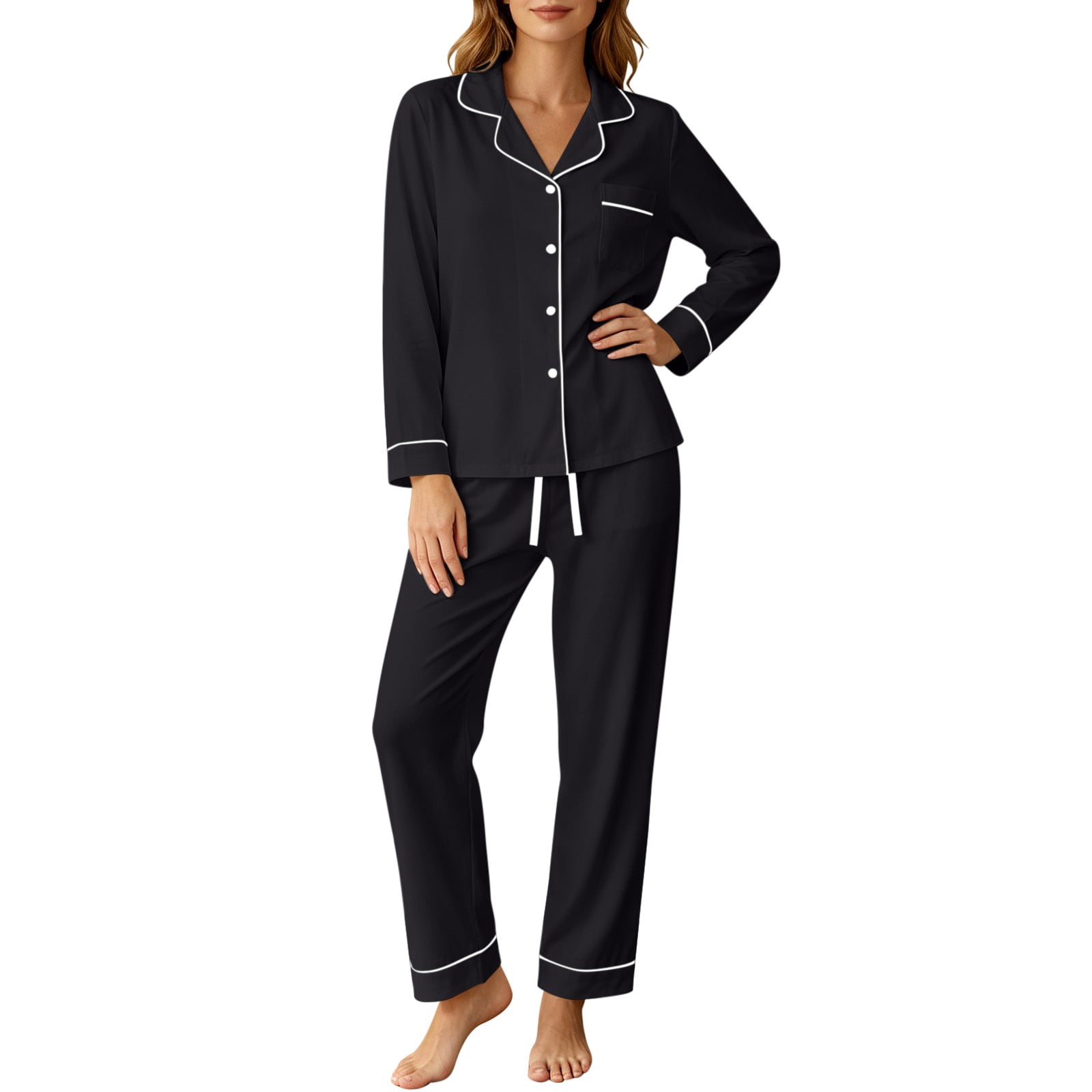 Floleo Women's Long Sleeve Button Down Pajama Set with Piping and ...