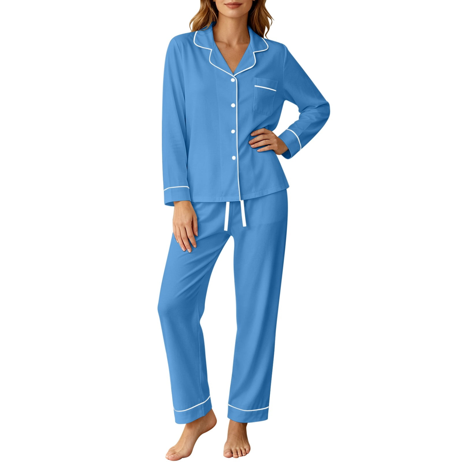 Floleo Women's Long Sleeve Button Down Pajama Set with Piping and ...