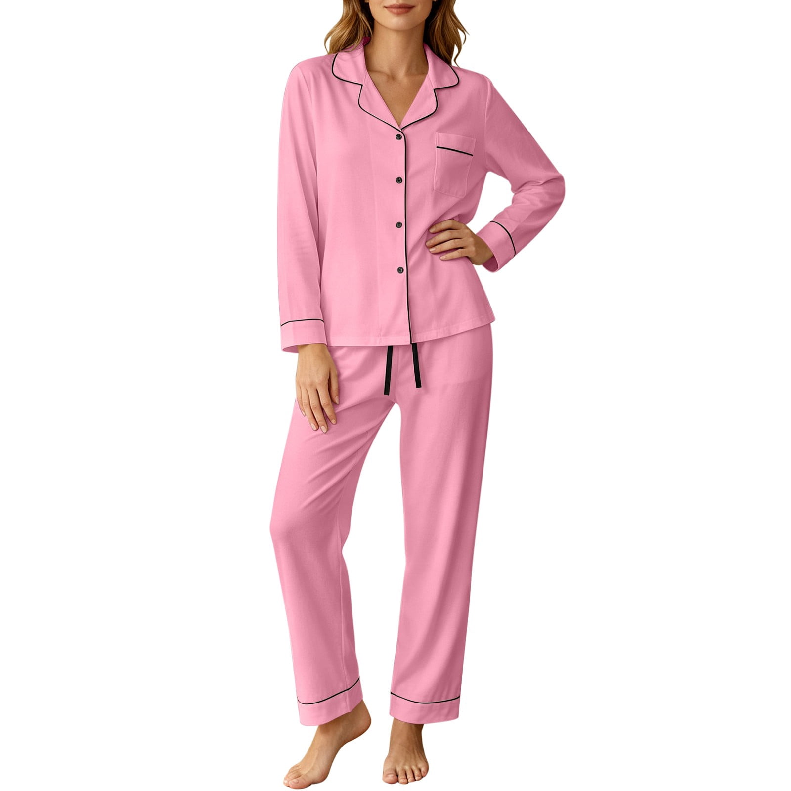 Floleo Women's Long Sleeve Button Down Pajama Set with Piping and ...