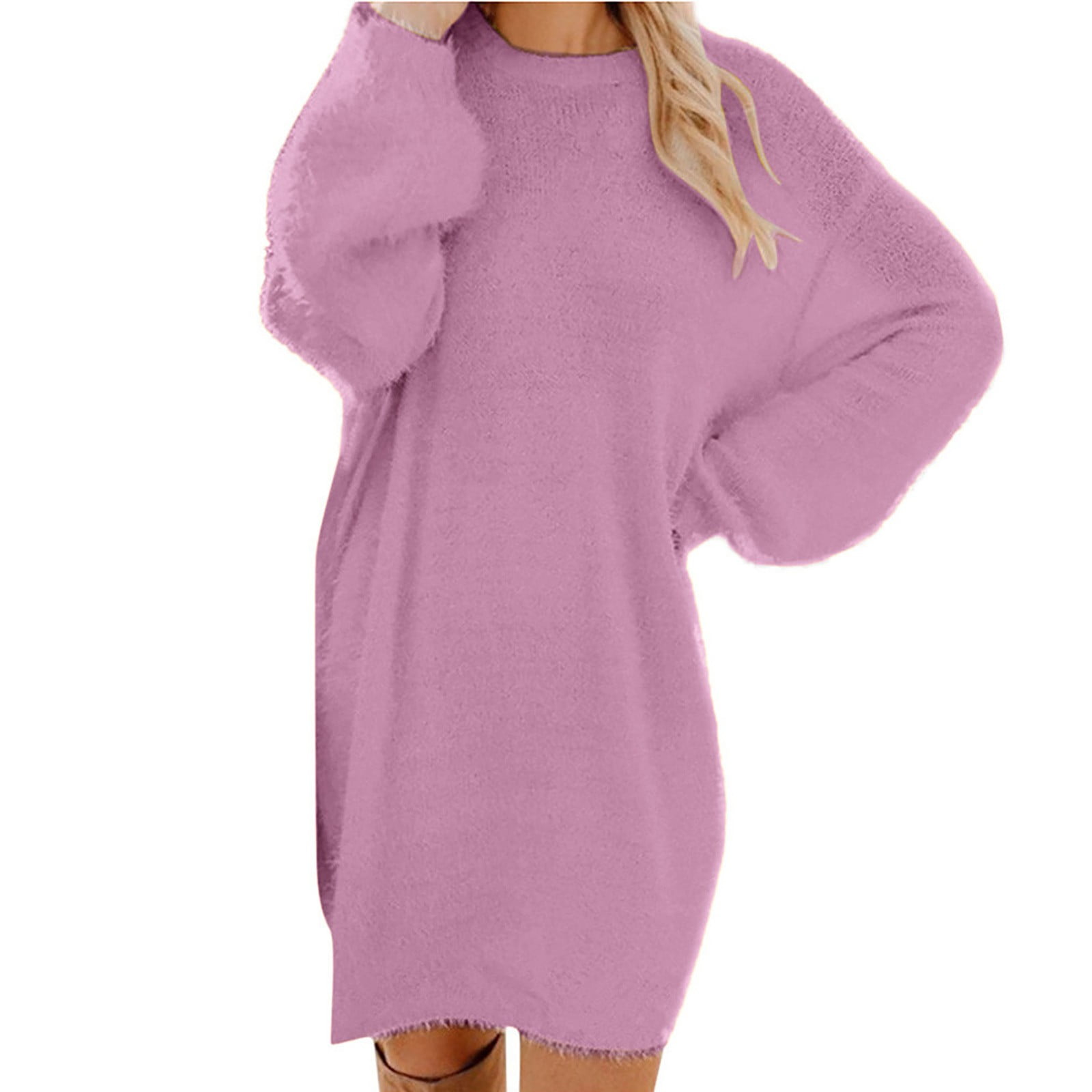 Floleo Women's Long Sleeved Winter Dress Oversized Sweater Dress Loose Plush Wrap Hip Lantern Sleeve Medium Length Round Neck Solid Sweater Pullover
