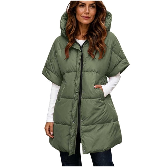 Floleo Women's Longline Hooded Puffer Vest Half Sleeve Snap Button Zip Up Quilted Lightweight Winter Coat Casual Everyday Outerwear Top