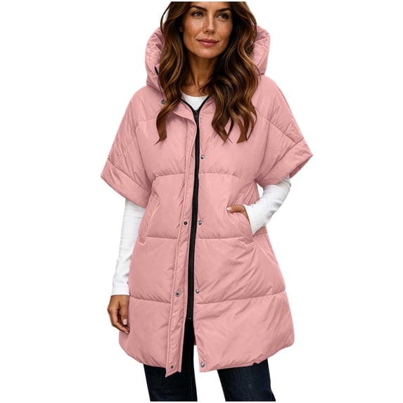 Floleo Women's Longline Hooded Puffer Vest Half Sleeve Snap Button Zip Up Quilted Lightweight Winter Coat Casual Everyday Outerwear Top