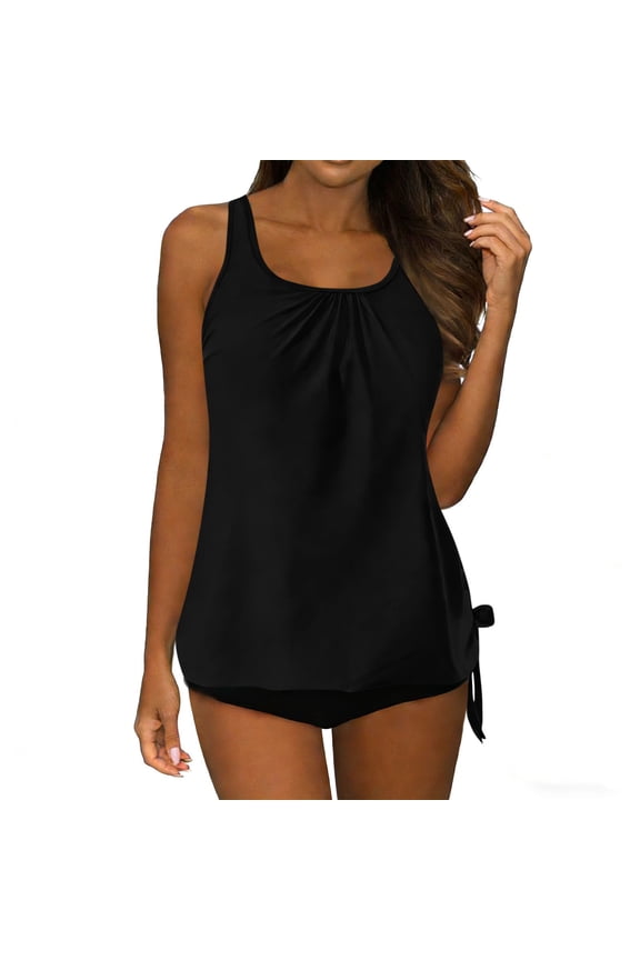 Women’s Loose-Fit Tankini Swimsuit Scoop Neck Ruched Tank Top with Side Tie Detail Built-In Support for Beach Pool and Summer Vacation Multiple Solid Colors Available(Black,XL)