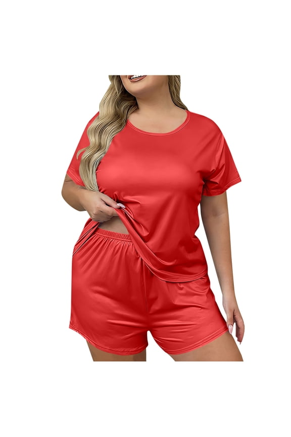Women's Loose Plus Size Short Sleeved Round Neck Shirt and Shorts Set Suitable for Spring and Summer Daily Wear Dating Parties Work Vacations 4 Seasons 2-Piece Set(Red,4XL)