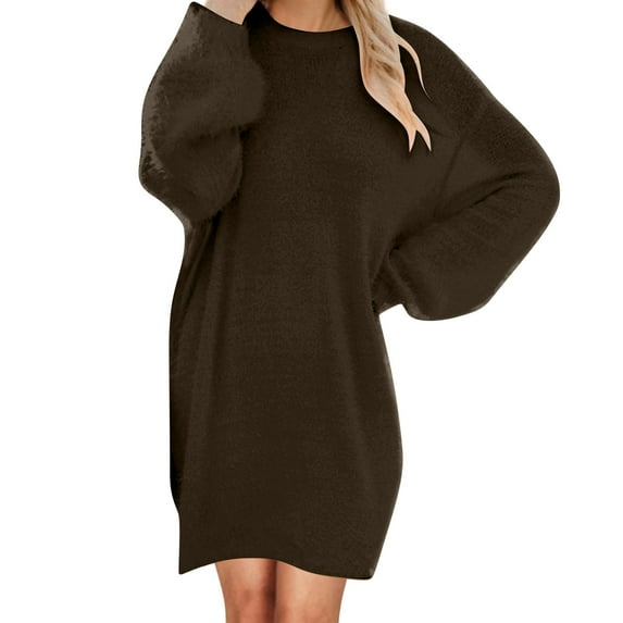 Floleo Women's Loose Plush Dress Winter Dress Oversized Sweater Dress Pullover Medium Length Long Sleeved Round Neck Sleeve