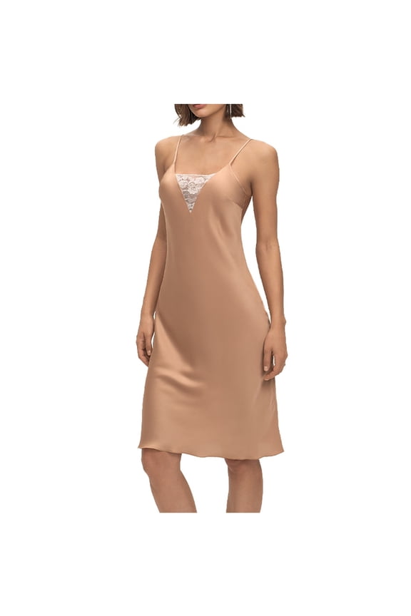 Women's Midi Slip Dress, Women's Daily Casual Apparel, V-Neck Inner Lace Panel Mid-Length Silhouettes, Adjustable Spaghetti Strap Three-Tone Everyday Wardrobe Picks(Beige,S)