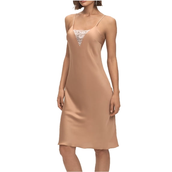 Floleo Women's Midi Slip Dress, Women's Daily Casual Apparel, V-Neck Inner Lace Panel Mid-Length Silhouettes, Adjustable Spaghetti Strap Three-Tone Everyday Wardrobe Picks(Beige,L)