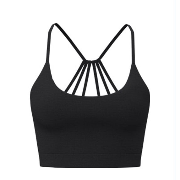 Floleo Women's Multi-Strap Back Sports Bra, Fixed Padded Cups, Scoop Neck Yoga Workout & Everyday Comfort Bralette (Black,S)