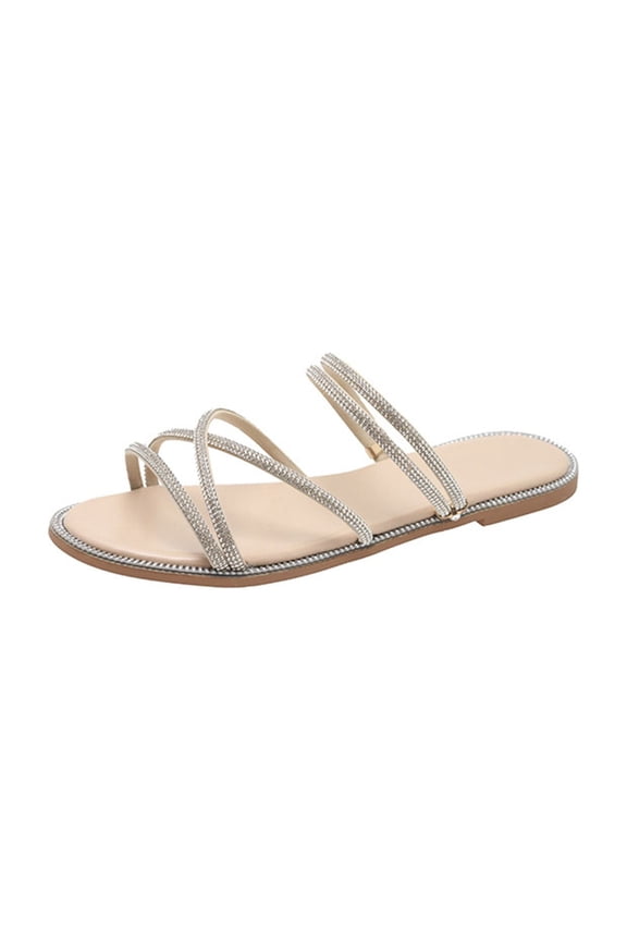 Women's Multi-Strap Rhinestone Slide Sandals, Open Toe Flat Slip-On Footwear, Six Solid Tone Non-Slip Soft Sole Summer Daily Casual Slippers(Beige,5.5)