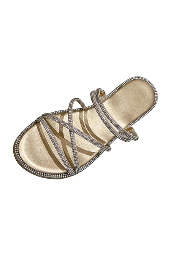 Women's Multi-Strap Rhinestone Slide Sandals, Open Toe Flat Slip-On Footwear, Six Solid Tone Non-Slip Soft Sole Summer Daily Casual Slippers(Gold,5.5)