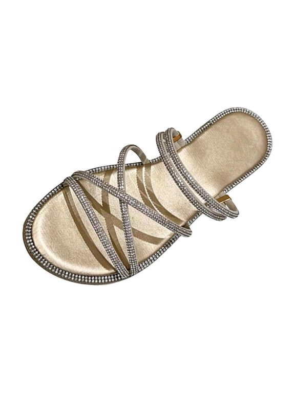 Women's Multi-Strap Rhinestone Slide Sandals, Open Toe Flat Slip-On Footwear, Six Solid Tone Non-Slip Soft Sole Summer Daily Casual Slippers(Gold,5.5)