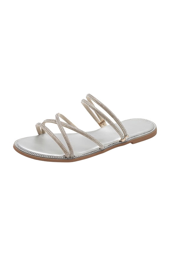Women's Multi-Strap Rhinestone Slide Sandals, Open Toe Flat Slip-On Footwear, Six Solid Tone Non-Slip Soft Sole Summer Daily Casual Slippers(Silver,5.5)