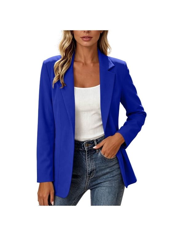 Women's Open-Front Notched Lapel Blazer, Long Sleeve Tailored Casual Jacket In Multiple Solid Colors(Blue,M)