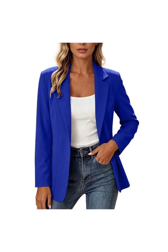 Women's Open-Front Notched Lapel Blazer, Long Sleeve Tailored Casual Jacket In Multiple Solid Colors(Blue,S)