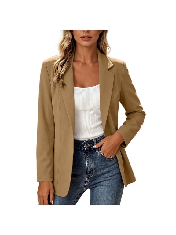 Women's Open-Front Notched Lapel Blazer, Long Sleeve Tailored Casual Jacket In Multiple Solid Colors(Khaki,L)