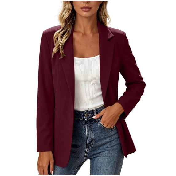 Floleo Women's Open-Front Notched Lapel Blazer, Long Sleeve Tailored Casual Jacket In Multiple Solid Colors(Wine,L)