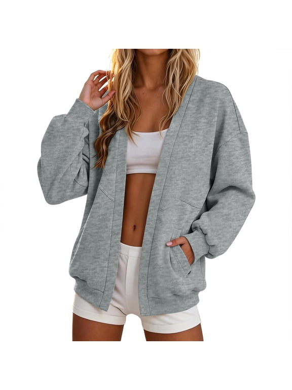 Women's Open Front Sweatshirt Long Sleeve Drop Shoulder Ribbed Cuffs Side Pockets Relaxed Fit Solid Color Casual Cardigan Top for Fall Winter