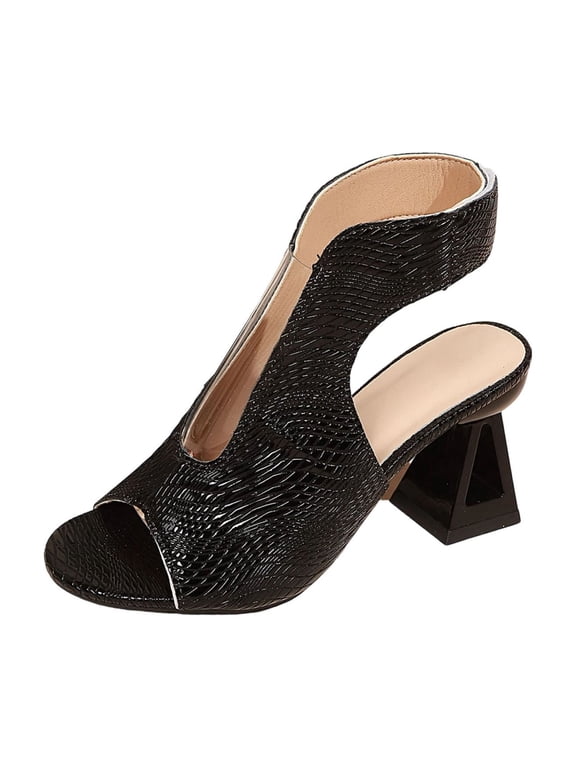 Women's Open Toe Cutout Block Heel Sandals, Croc Embossed Ankle Bootie Style Slip-On Footwear, Two Classic Solid Tone Daily Versatile Dress Sandals(Black,5.5)
