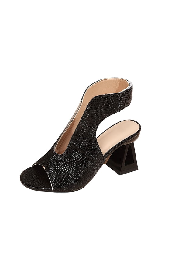Women's Open Toe Cutout Block Heel Sandals, Croc Embossed Ankle Bootie Style Slip-On Footwear, Two Classic Solid Tone Daily Versatile Dress Sandals(Black,9)