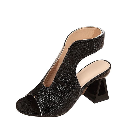 Floleo Women's Open Toe Cutout Block Heel Sandals, Croc Embossed Ankle Bootie Style Slip-On Footwear, Two Classic Solid Tone Daily Versatile Dress Sandals(Black,6.5)
