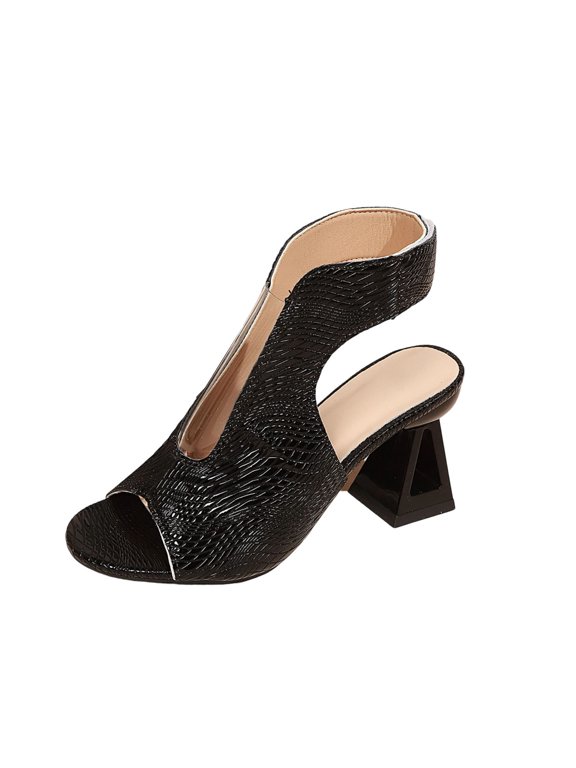 Women's Open Toe Cutout Block Heel Sandals, Croc Embossed Ankle Bootie Style Slip-On Footwear, Two Classic Solid Tone Daily Versatile Dress Sandals(Black,7.5)