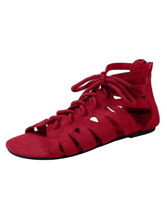 Women's Open Toe Cutout Lace-Up Flat Gladiator Sandals, Soft Faux Suede Breathable Casual Summer Daily Footwear(Wine,5.5)