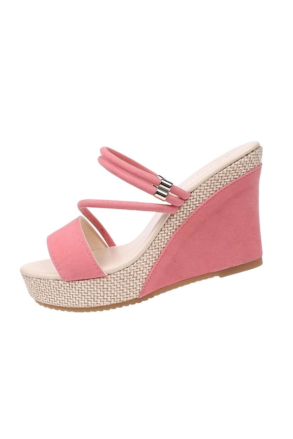 Women's Open Toe Dual Strap Slip On Wedge Slide Sandals, Woven Trim Soft Faux Suede Casual Summer Outdoor Shoes(Pink,5.5)