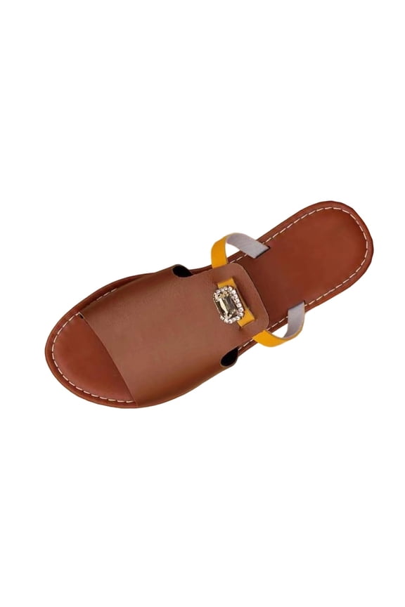 Women's Open Toe Slide Sandals, Rhinestone Decor Single Band Slip-On Footwear, Nine Two-Tone Soft Upper Non-Slip Summer Daily Flat Slippers(Brown,5.5)