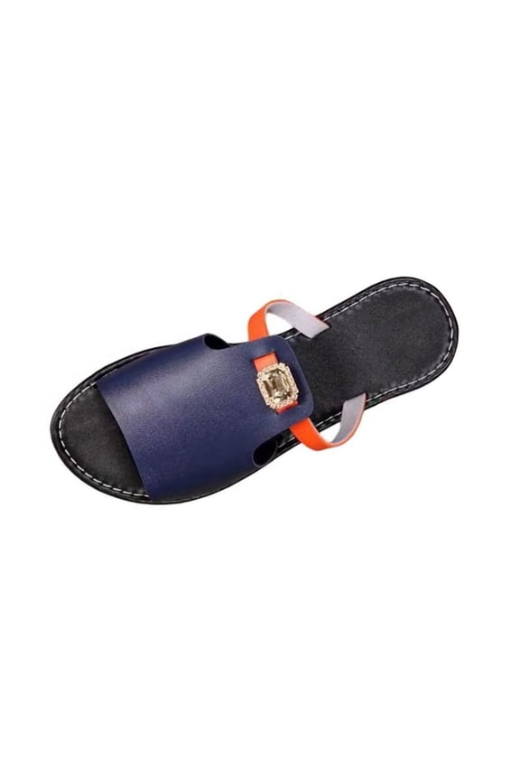 Women's Open Toe Slide Sandals, Rhinestone Decor Single Band Slip-On Footwear, Nine Two-Tone Soft Upper Non-Slip Summer Daily Flat Slippers(Dark Blue,5.5)