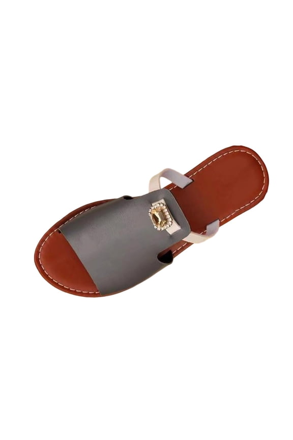 Women's Open Toe Slide Sandals, Rhinestone Decor Single Band Slip-On Footwear, Nine Two-Tone Soft Upper Non-Slip Summer Daily Flat Slippers(Gray,7)