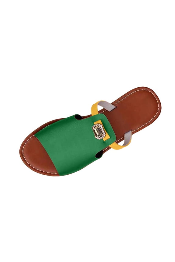 Women's Open Toe Slide Sandals, Rhinestone Decor Single Band Slip-On Footwear, Nine Two-Tone Soft Upper Non-Slip Summer Daily Flat Slippers(Green,5.5)