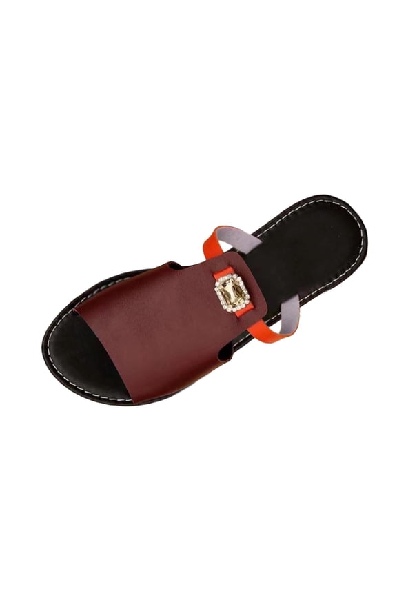 Women's Open Toe Slide Sandals, Rhinestone Decor Single Band Slip-On Footwear, Nine Two-Tone Soft Upper Non-Slip Summer Daily Flat Slippers(Wine,6)