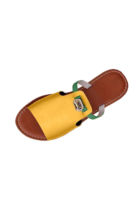 Women's Open Toe Slide Sandals, Rhinestone Decor Single Band Slip-On Footwear, Nine Two-Tone Soft Upper Non-Slip Summer Daily Flat Slippers(Yellow,6.5)