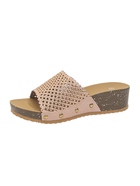 Women's Open Toe Slip-On Wedge Slide Sandals, Full Rhinestone Single Band Casual Footwear, Four Neutral Tone Glitter Cork Textured Non-Slip Summer Outdoor Slippers(Pink,5.5)