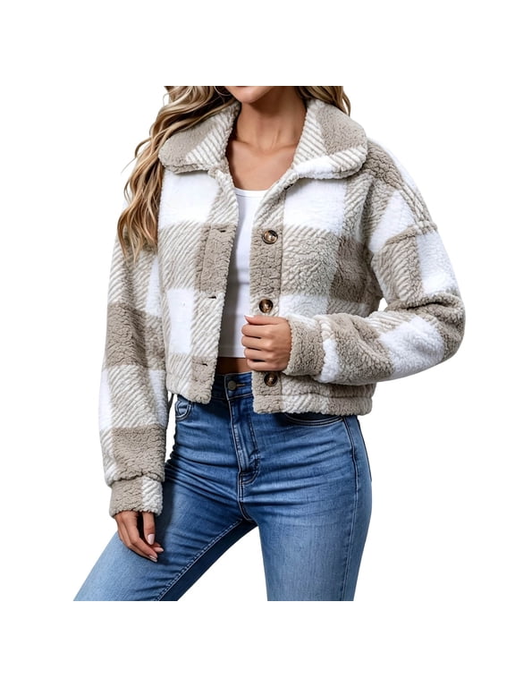 Women's Plaid Cropped Fleece Jacket Turndown Collar Button Front Fluffy Sherpa Coat Casual Winter Warm Outerwear Top