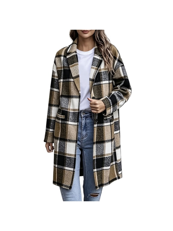 Women's Plaid Long Coat Open Front Lapel Collar Casual Winter Warm Outerwear with Pockets Button Down Full Length Jacket