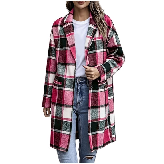 Floleo Women's Plaid Long Coat Open Front Lapel Collar Casual Winter Warm Outerwear with Pockets Button Down Full Length Jacket