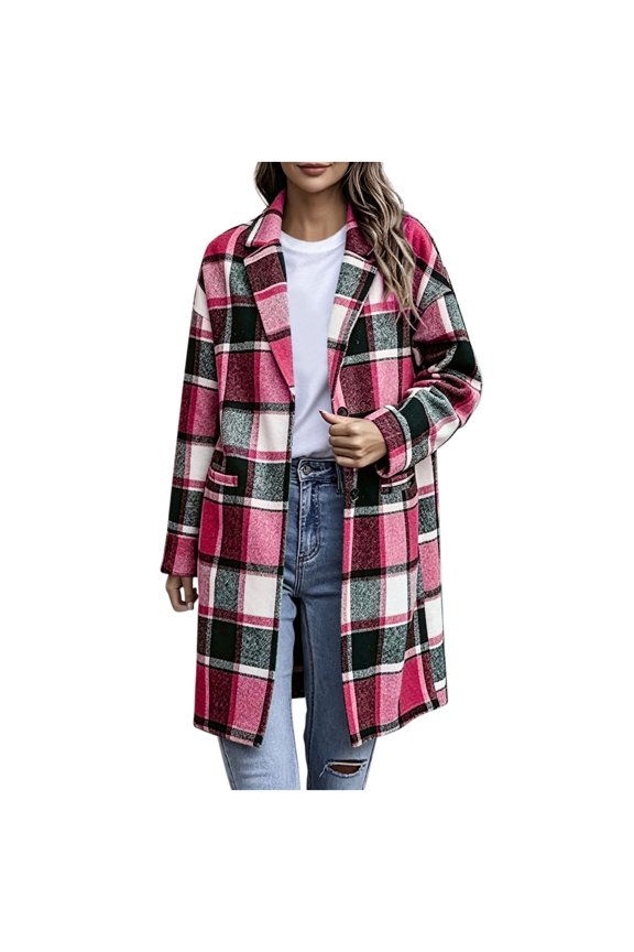 Women's Plaid Long Coat Open Front Lapel Collar Casual Winter Warm Outerwear with Pockets Button Down Full Length Jacket