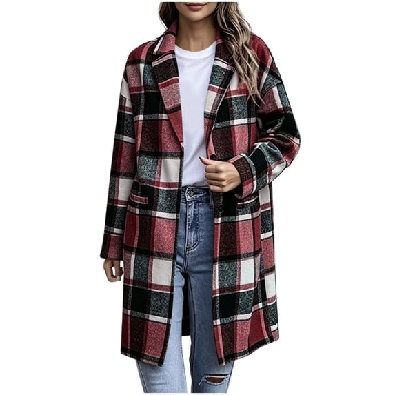 Floleo Women's Plaid Long Coat Open Front Lapel Collar Casual Winter Warm Outerwear with Pockets Button Down Full Length Jacket