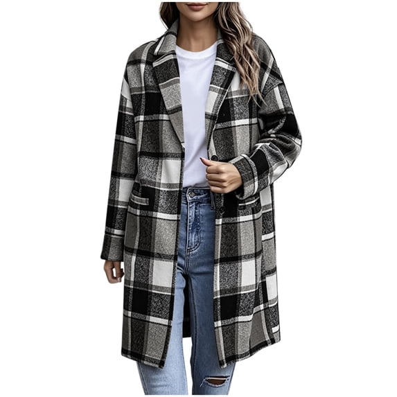 Floleo Women's Plaid Long Coat Open Front Lapel Collar Casual Winter Warm Outerwear with Pockets Button Down Full Length Jacket