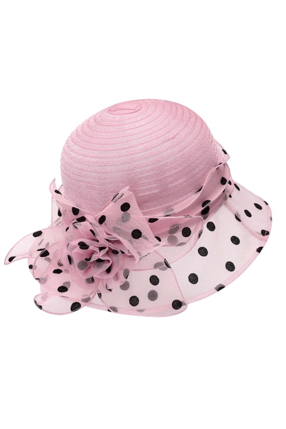Women's Polka Dot Organza Sun Hat Flower Bow Wide Brim Church Hat Breathable Uv Protection Casual Cap Lightweight Outdoor Wedding Tea Party Hat(Pink,M)