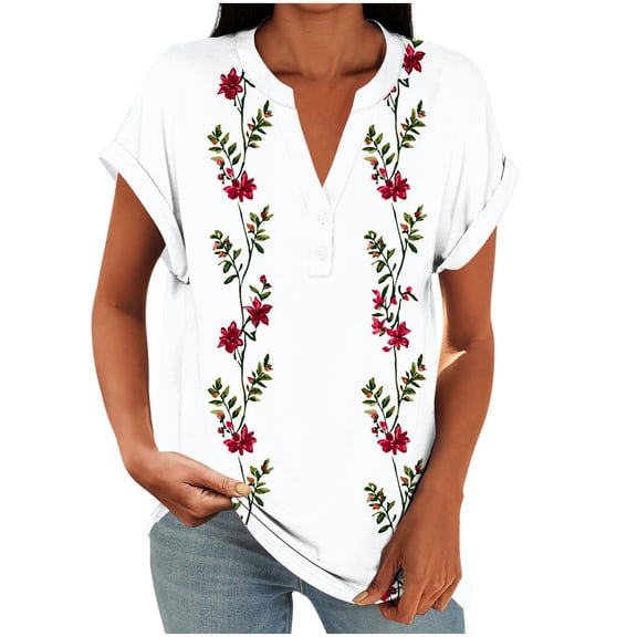 Floleo Women's Printed V-Neck Short Sleeved Shirt Casual Loose Henry T-Shirt Loose Fitting Button up Front Shirt Women's Daily Summer Casual Top(White,XL)