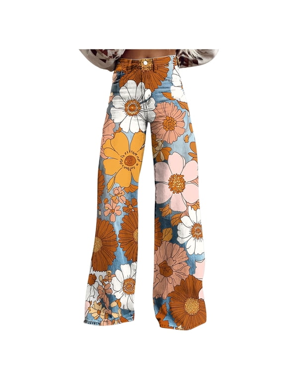 Women's Retro Floral Print Wide Leg Jeans High Waisted Button Fly Faux Denim Pants Casual Vintage Style Straight Trousers with Pockets for Daily Wear
